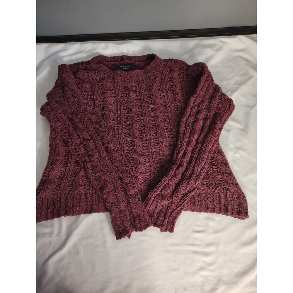 American Eagle Womens XS Chenille Cable Knit Sweater Burgundy Wine Crew Neck